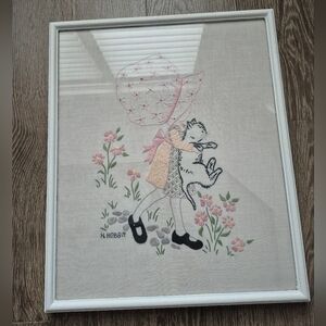 Holly Hobbie Vintage Framed Handmade Embriodery White Pink Blue Black Gray